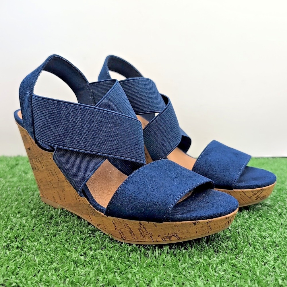 American Eagle AE Women's Shoes 5 Ryan Wedge Sandals Navy Blue Cork Heel Straps